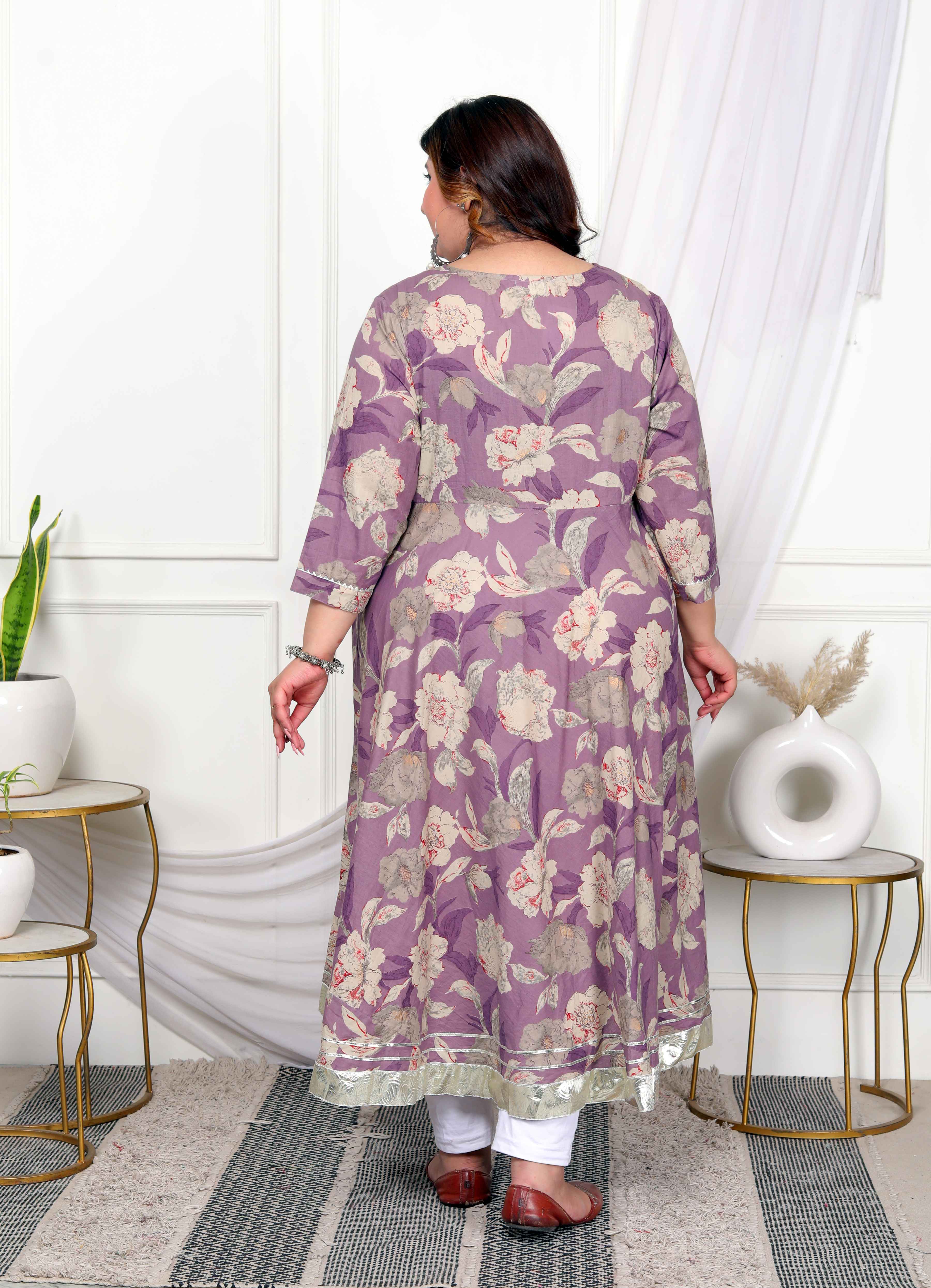 Purple Floral Gota Lace Cotton Anarkali Kurta with Dupatta Set